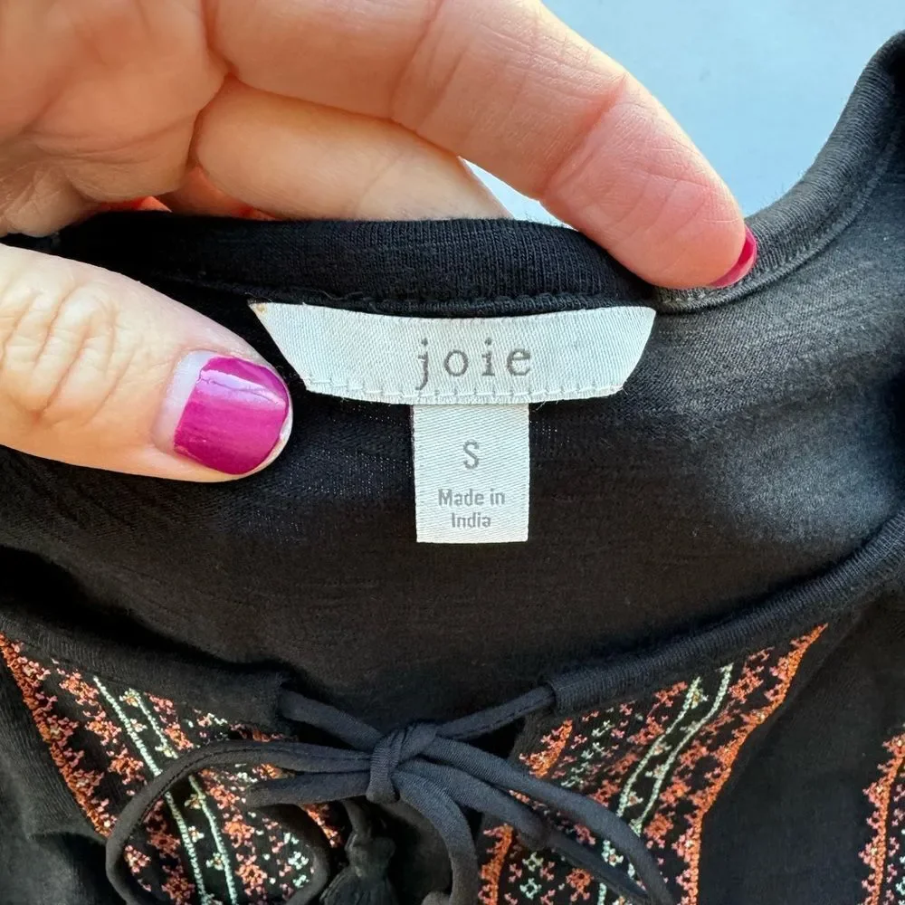 Joie Women Embroidered Detail Boho Cap Sleeve Mini Dress Black Size Small‎